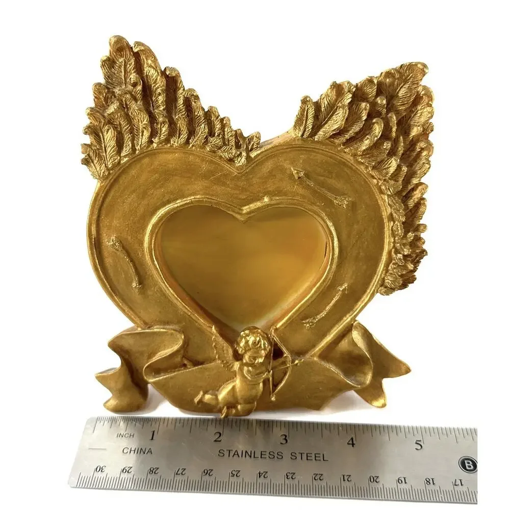 Vintage Gold Cherub Heart Picture Frame Winged Angel 2.5x3 Photo